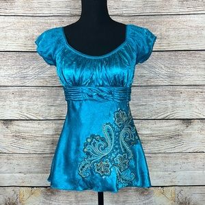 Turquoise Teal Blue Short Sleeve Babydoll Blouse with embroidery Size S